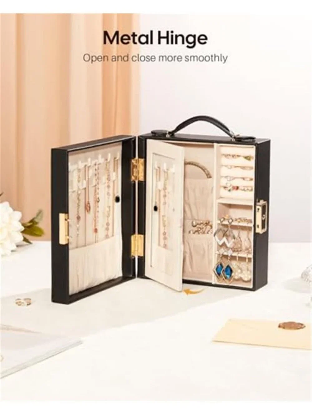 Black Travel Jewelry Box Organizer Lock Necklace Ring Earring Storage Case